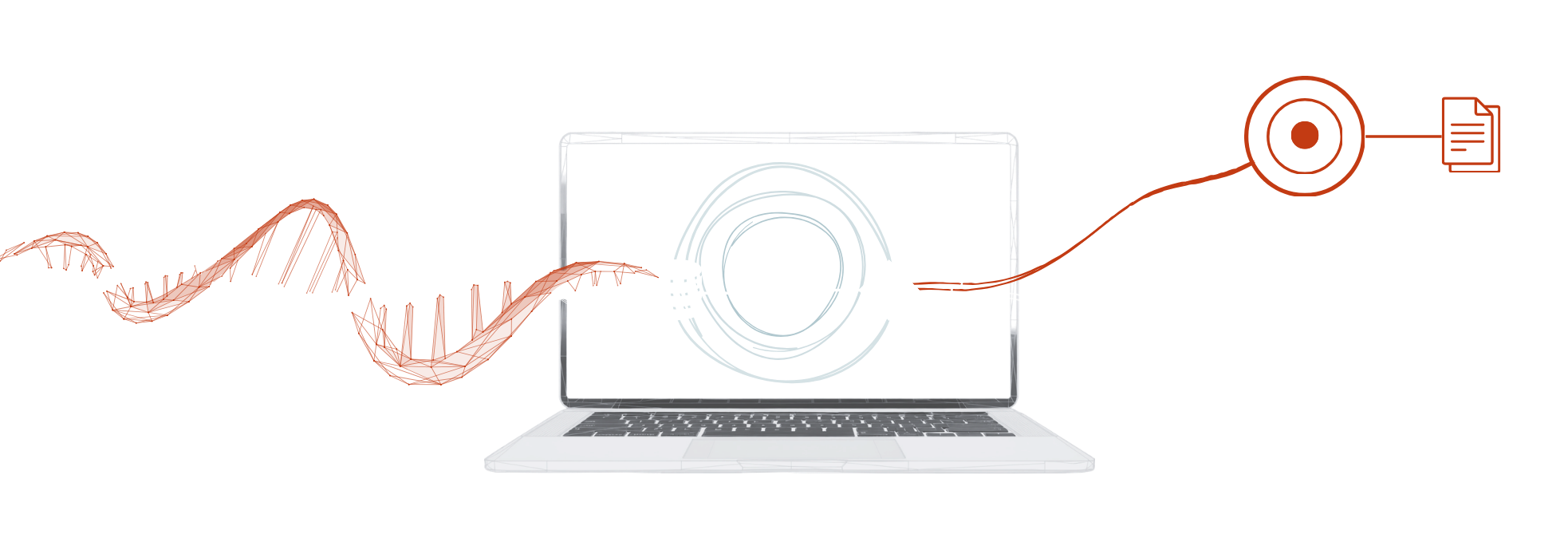 A DNA sequence flows into a laptop running Commec, which screens it locally and returns a flagged result and report