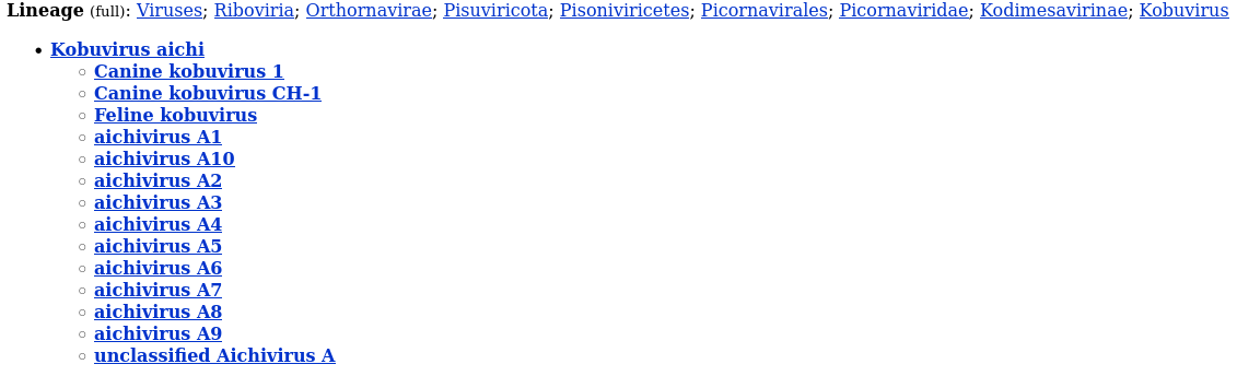 NCBI Taxonomy Browser results for Aichivirus A, showing Kobuvirus aichi and its children including aichivirus A1 to A10, Canine kobuvirus, and Feline kobuvirus